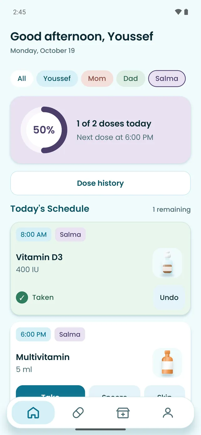 Salma’s day: vitamin D3 drops taken at 8:00 AM, multivitamin syrup due at 6:00 PM.
