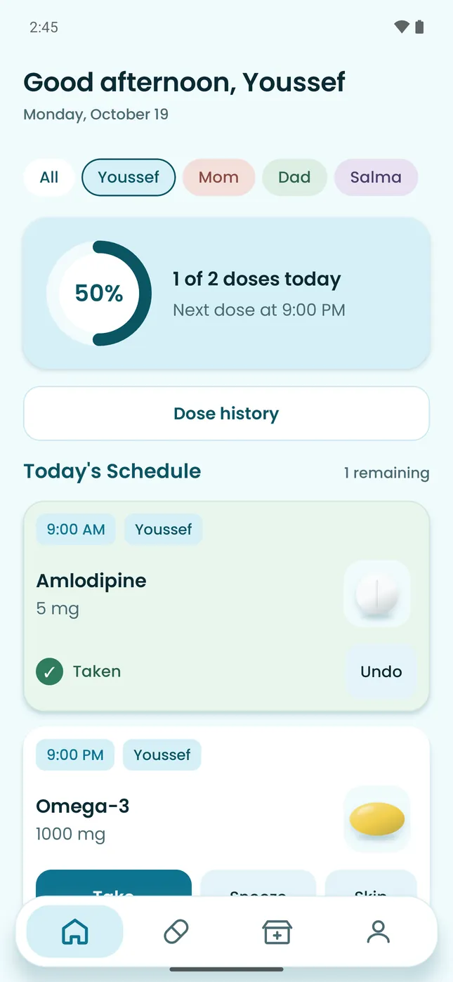 Youssef’s day in Adwety: amlodipine taken at 9:00 AM, omega-3 due at 9:00 PM.